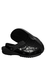 Bottom and side view of gothic black slippers with printed sole details