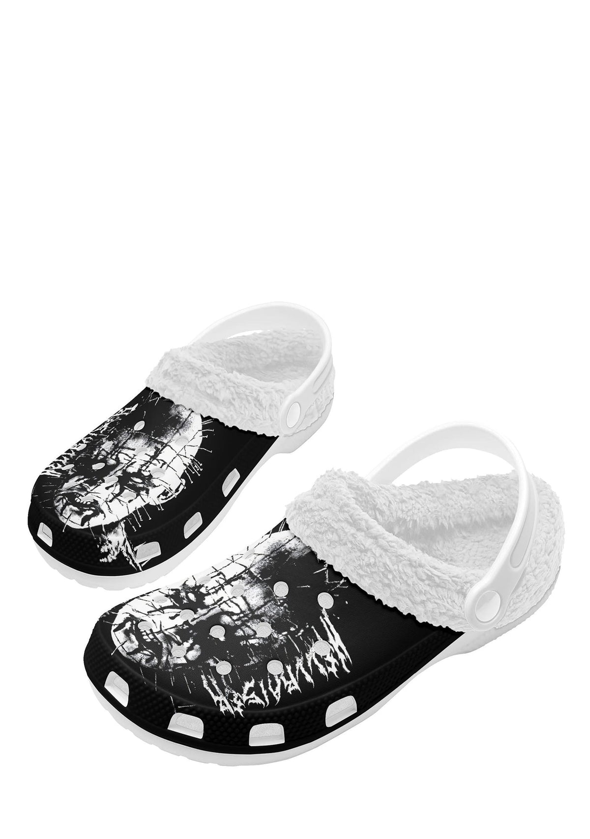Angled white slippers with intense metal-style face graphic