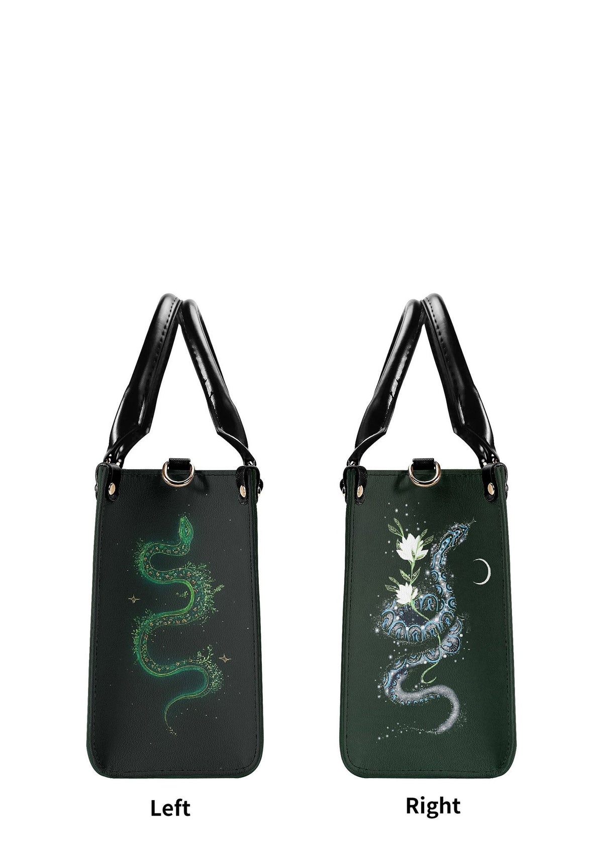 Left side with glowing green snake; right side with floral snake under crescent moon