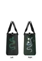 Left side with glowing green snake; right side with floral snake under crescent moon