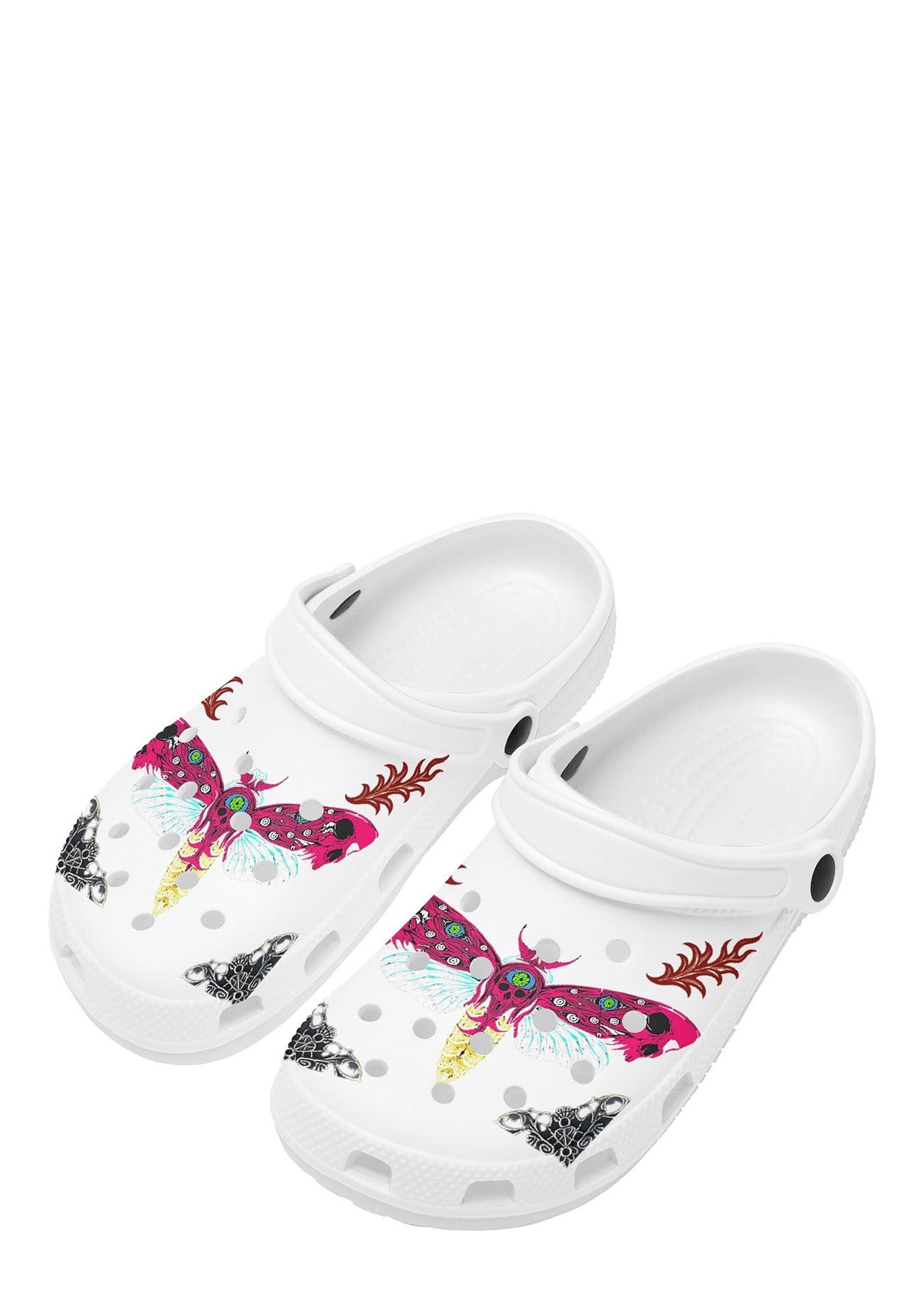 Front angle of white neon moth clogs with detailed line accents