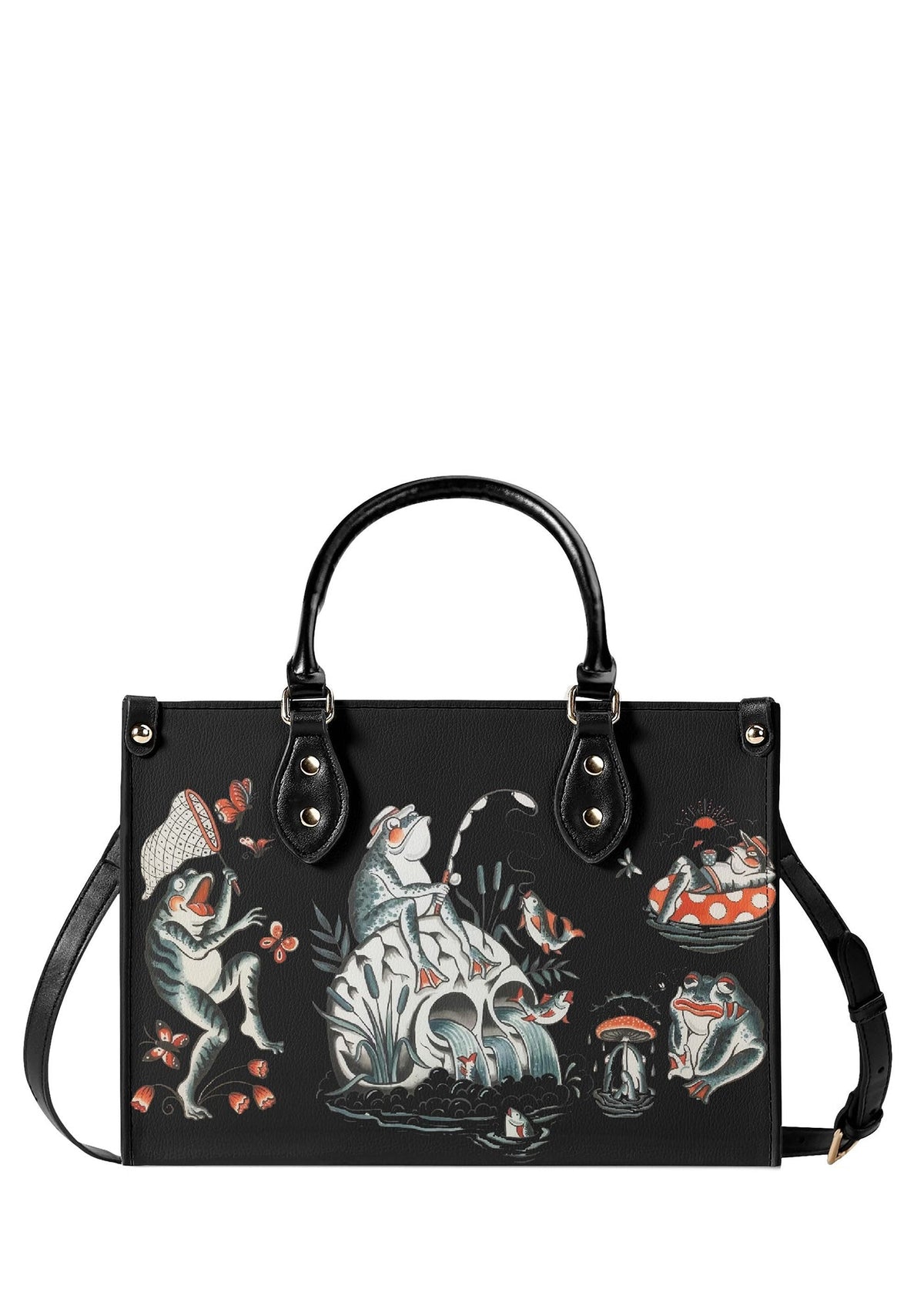 Black handbag with tattoo-style frogs fishing and mushroom pond scene