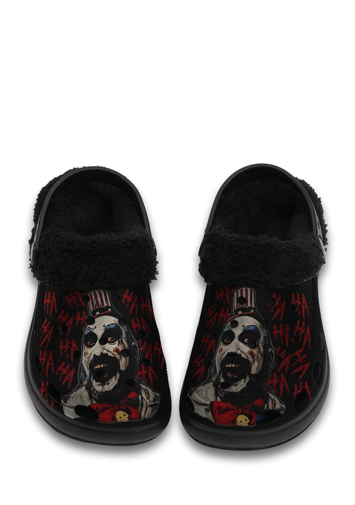 Front view of fuzzy black slippers with horror clown and red HA graffiti