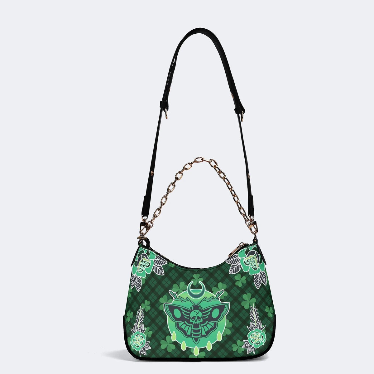 Green Plaid Death Moth - Leather Crossbody Bag