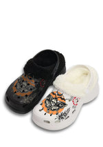 Black and white mismatched fuzzy clogs with skull moth and flower design