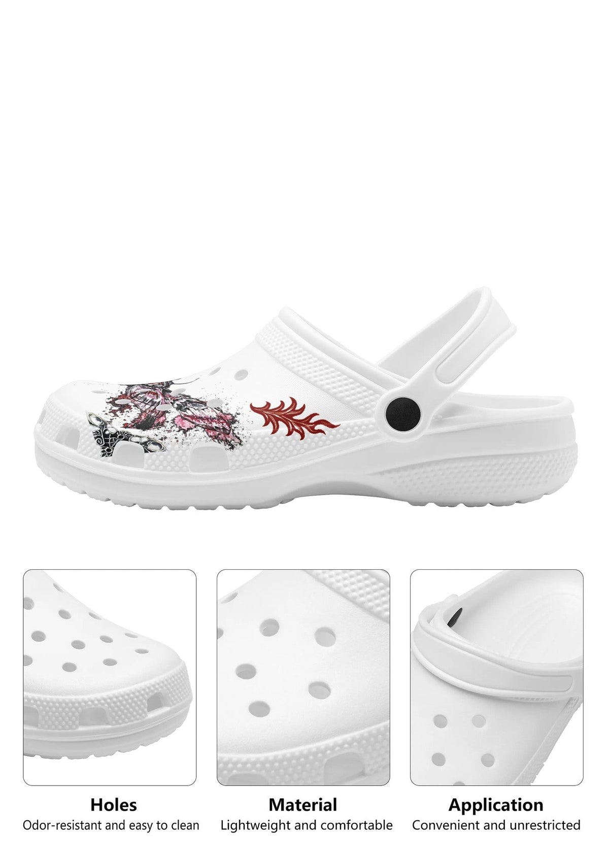 Close-up view of clog material, ventilation holes, and back strap showing functional comfort features