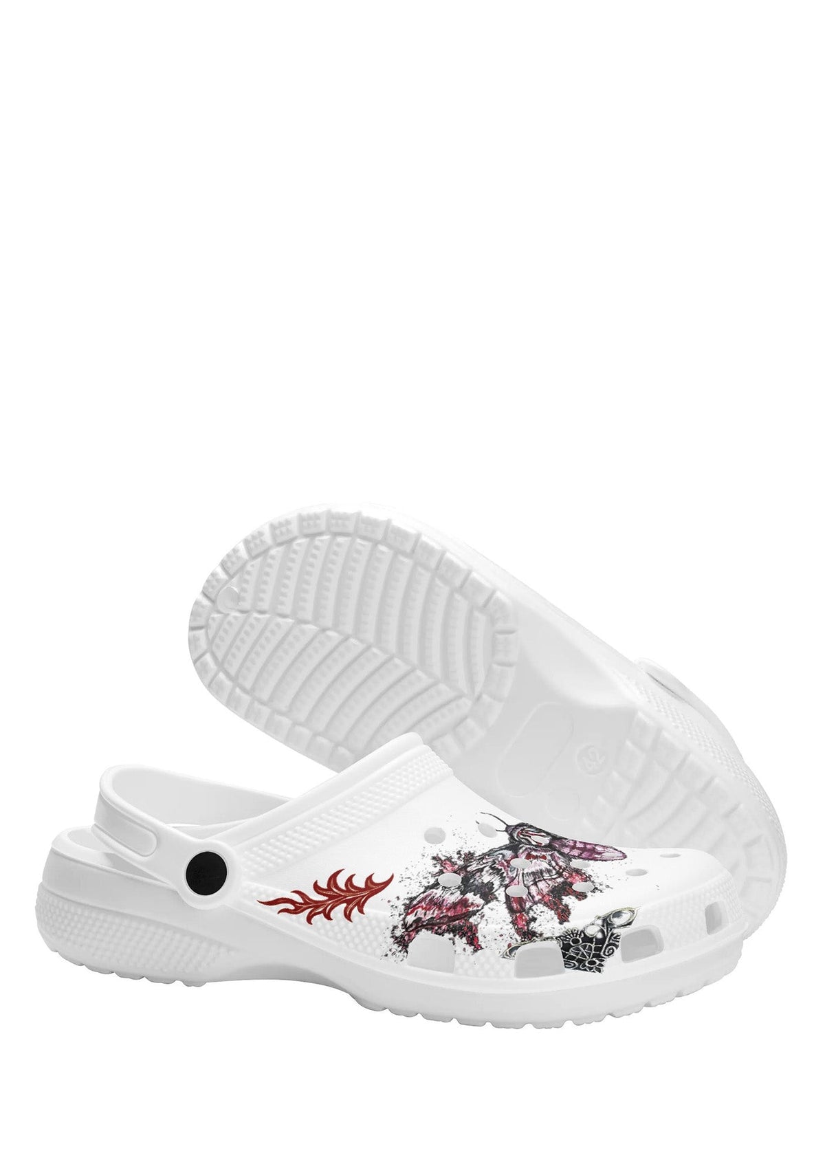 Bottom view of gothic clog showing textured sole and upper with moth tattoo detailing