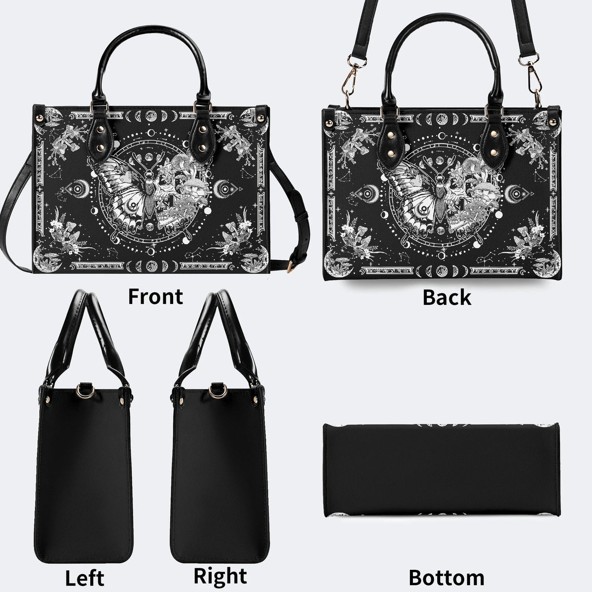 Tarot Skull Butterfly Print - Leather Handbag