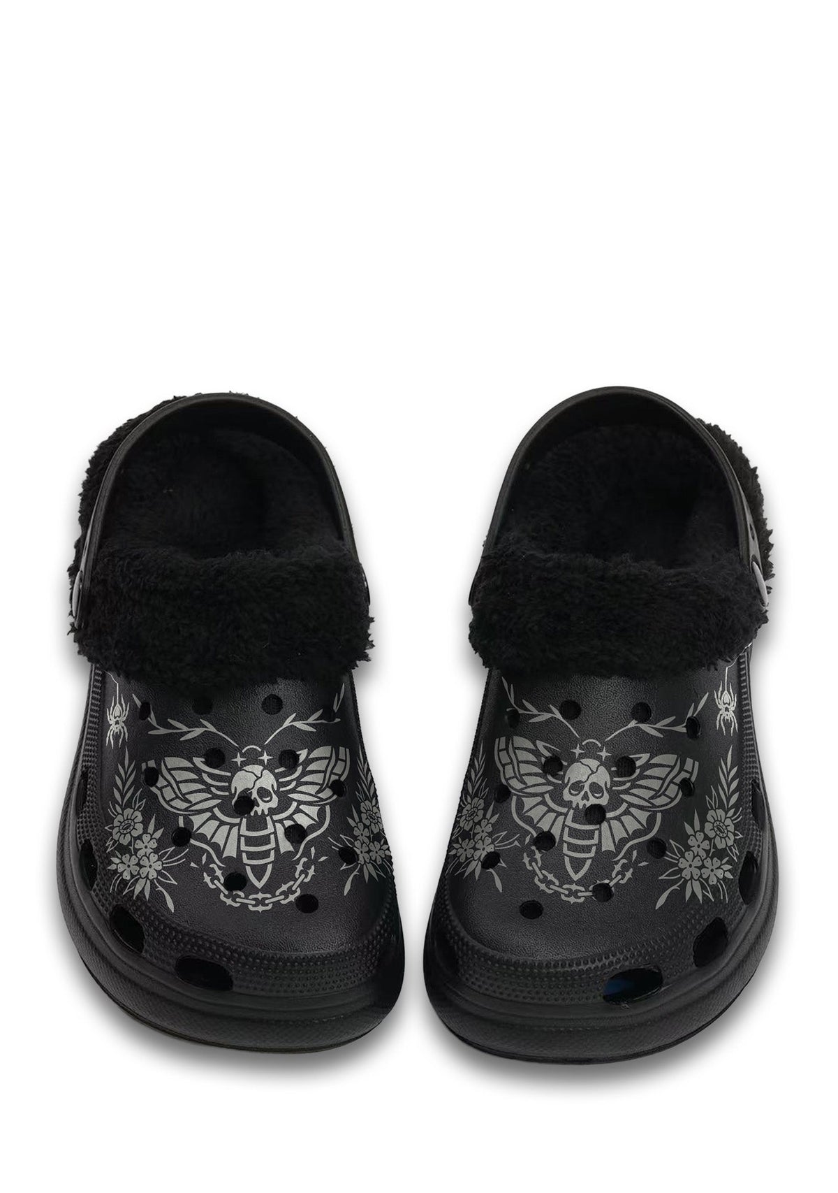 Front view of black fuzzy slippers with skull moth and chain design