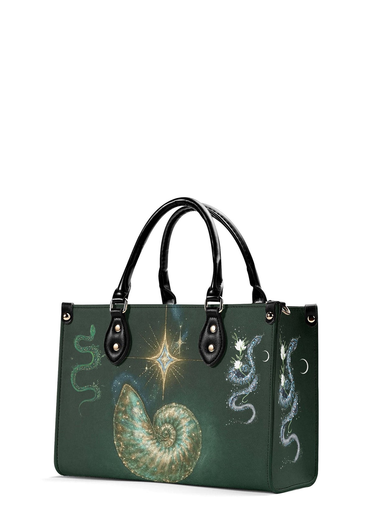 Side angle of gothic green bag showing shimmering spiral shell, star, and coiled snake with lilies