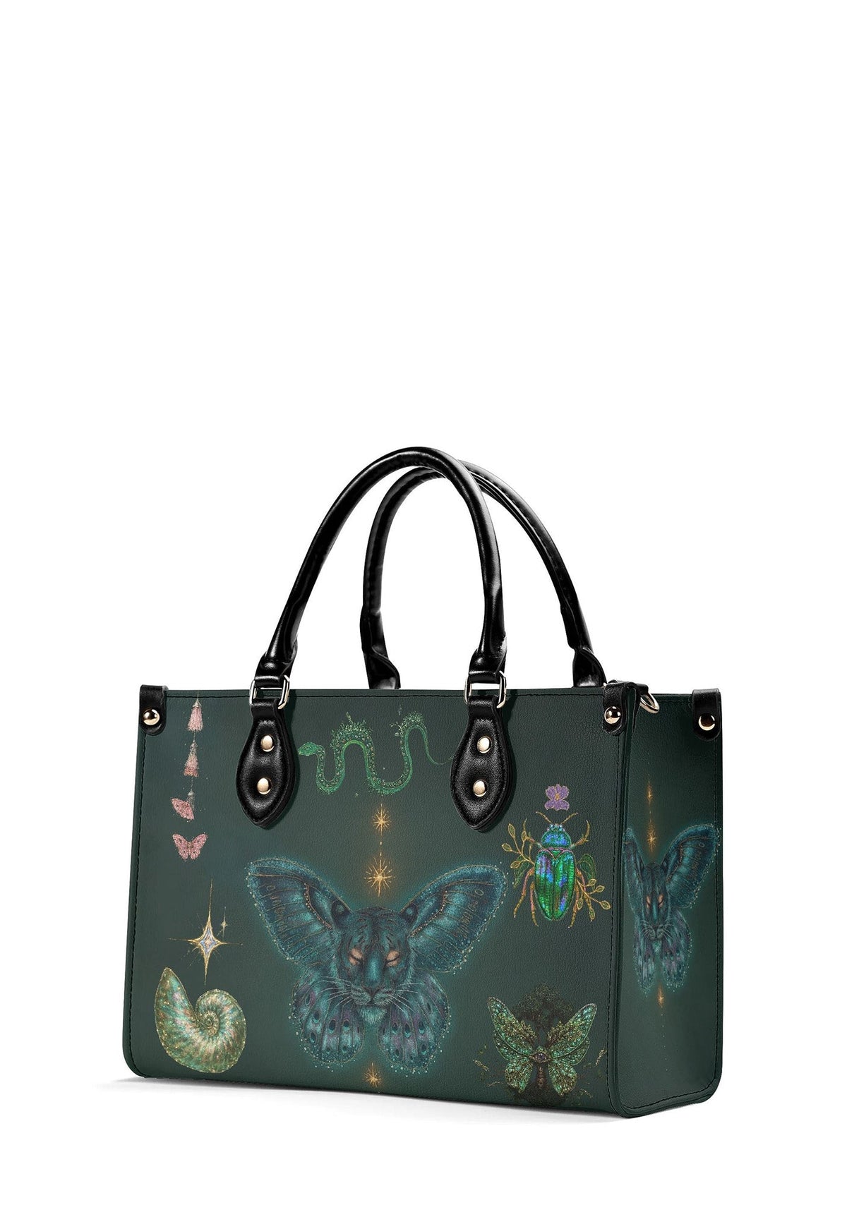 side view of alchemy-themed green tote bag with glowing moth and insect details