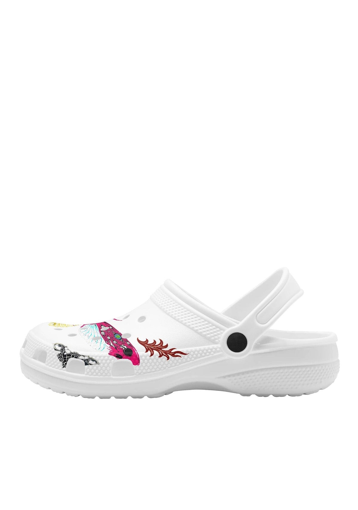 Side view of white slippers with bold tattoo-style insect graphic