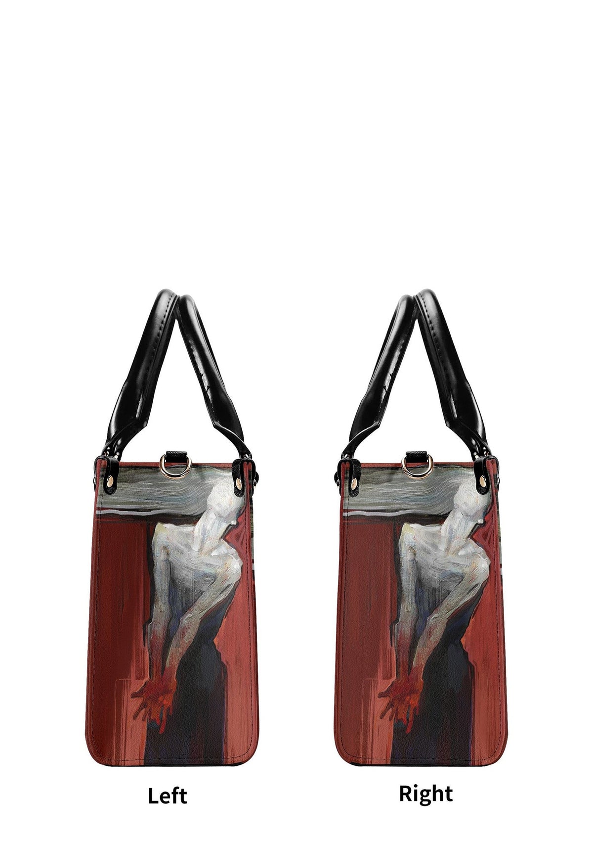 Left/Right panel with distorted humanoid figure and red shadowy background