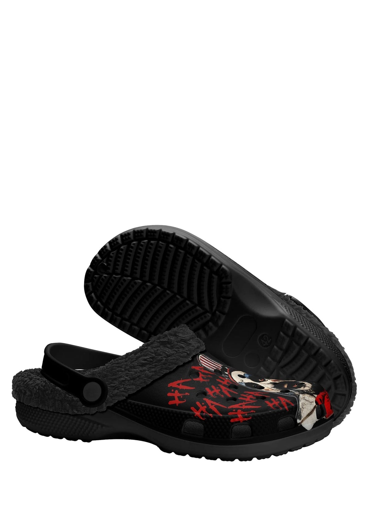 Underside sole of black horror-themed slippers with printed upper