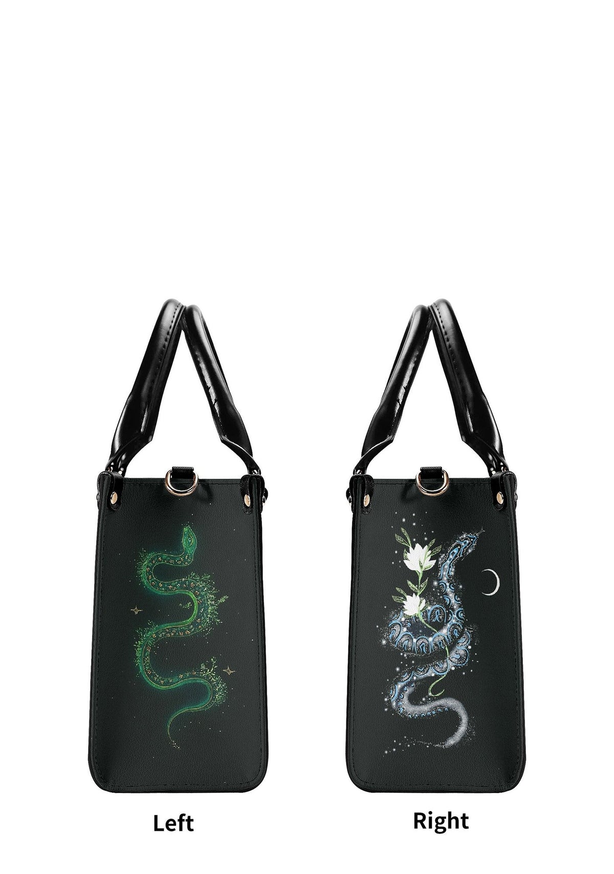 Side-by-side view of left and right panels of handbag: one with a green snake, the other with a moonlit serpent and white flowers