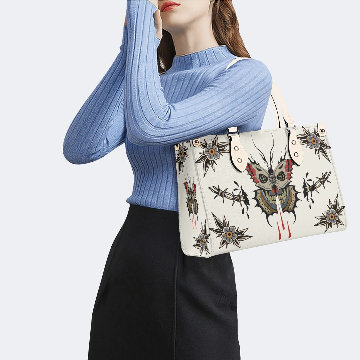 Death Moth And Flowers - Leather Handbag