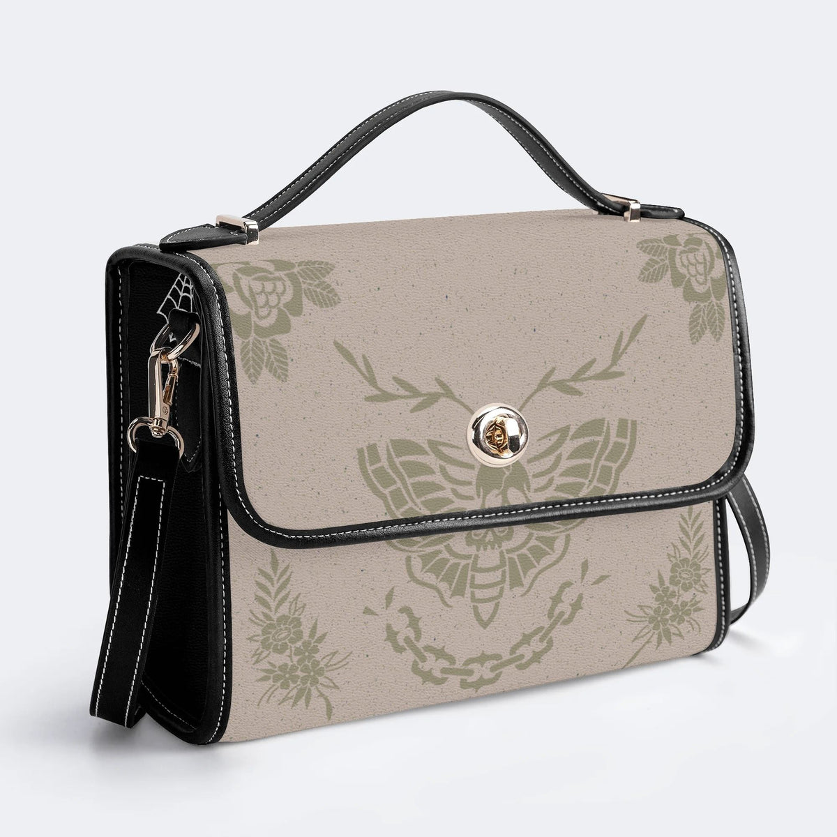 Classic Beige Death Moth Vintage Print - Leather Satchel Bag