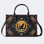 Vintage Cat And Moon Print - Leather Handbag