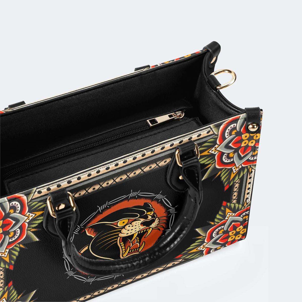 Vintage Black Panther With Flowers - Leather Handbag