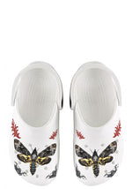 White Death Flame slippers with gothic red flames and death moth design, top view