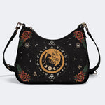 Dark Retro Moon Cat And Moth Print - Leather Crossbody Bag