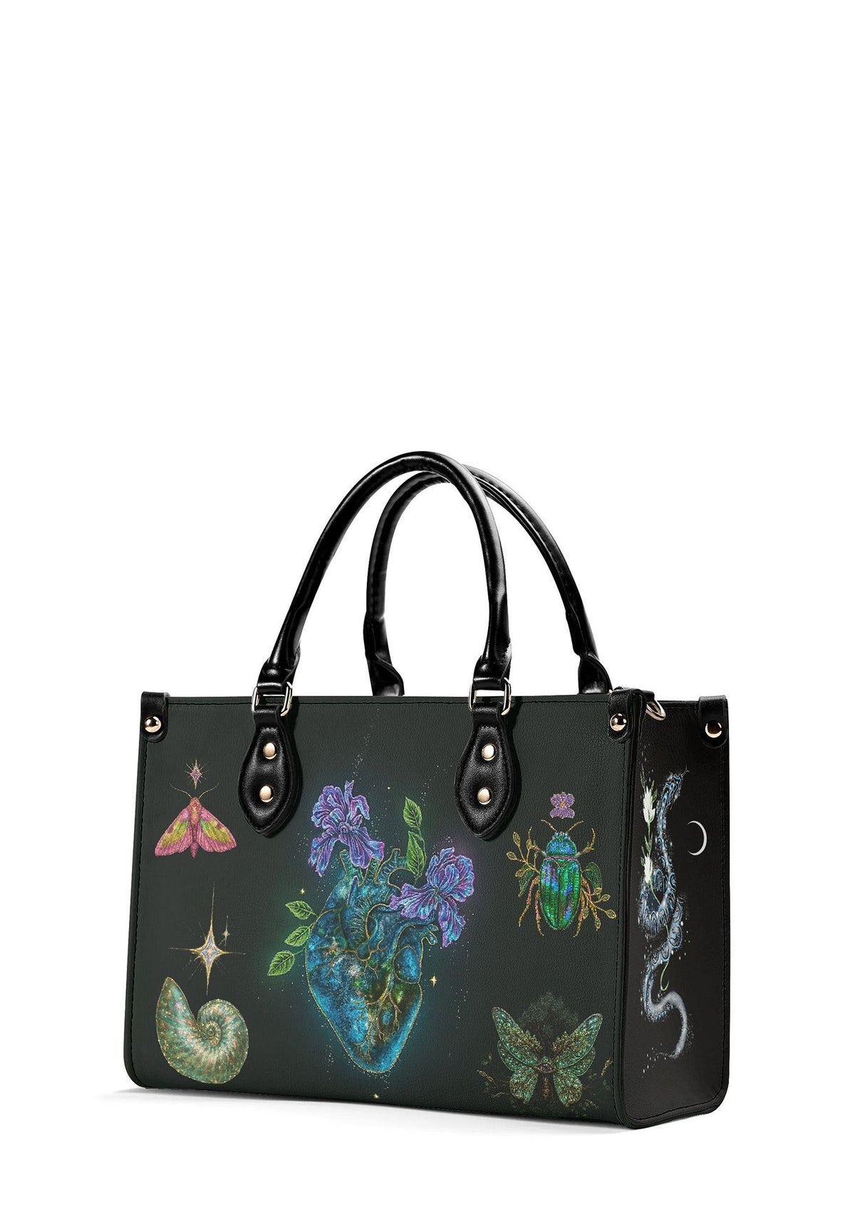Side view of gothic handbag featuring iridescent beetle, floral heart, moth, and swirling constellation serpent