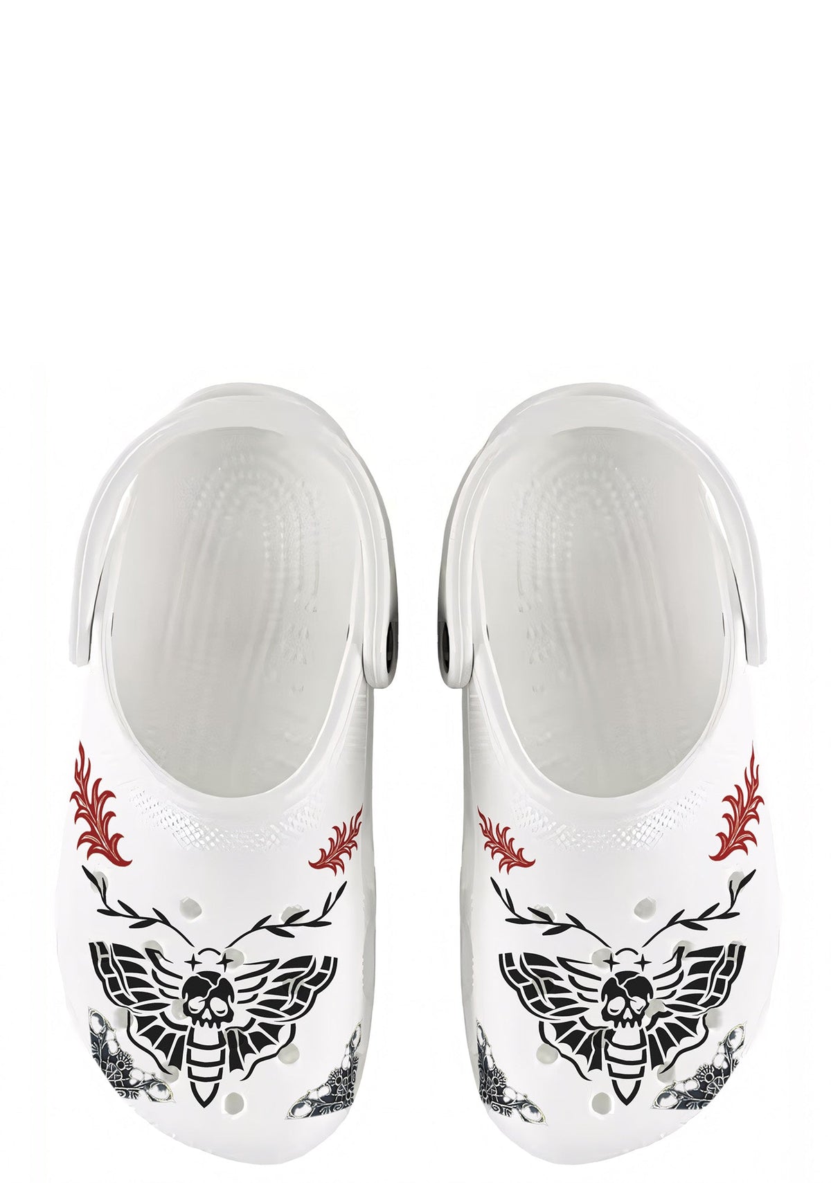 Top view of Whispers In Bloom Slippers in white with gothic moth and red flame tattoo print