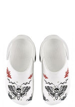 Top view of Whispers In Bloom Slippers in white with gothic moth and red flame tattoo print