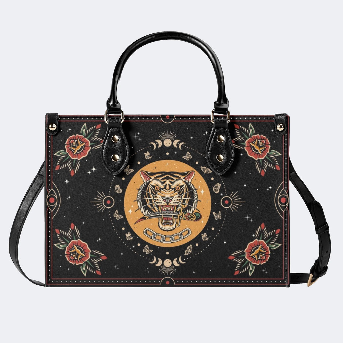 Vintage Tiger And Moth Print - Leather Handbag