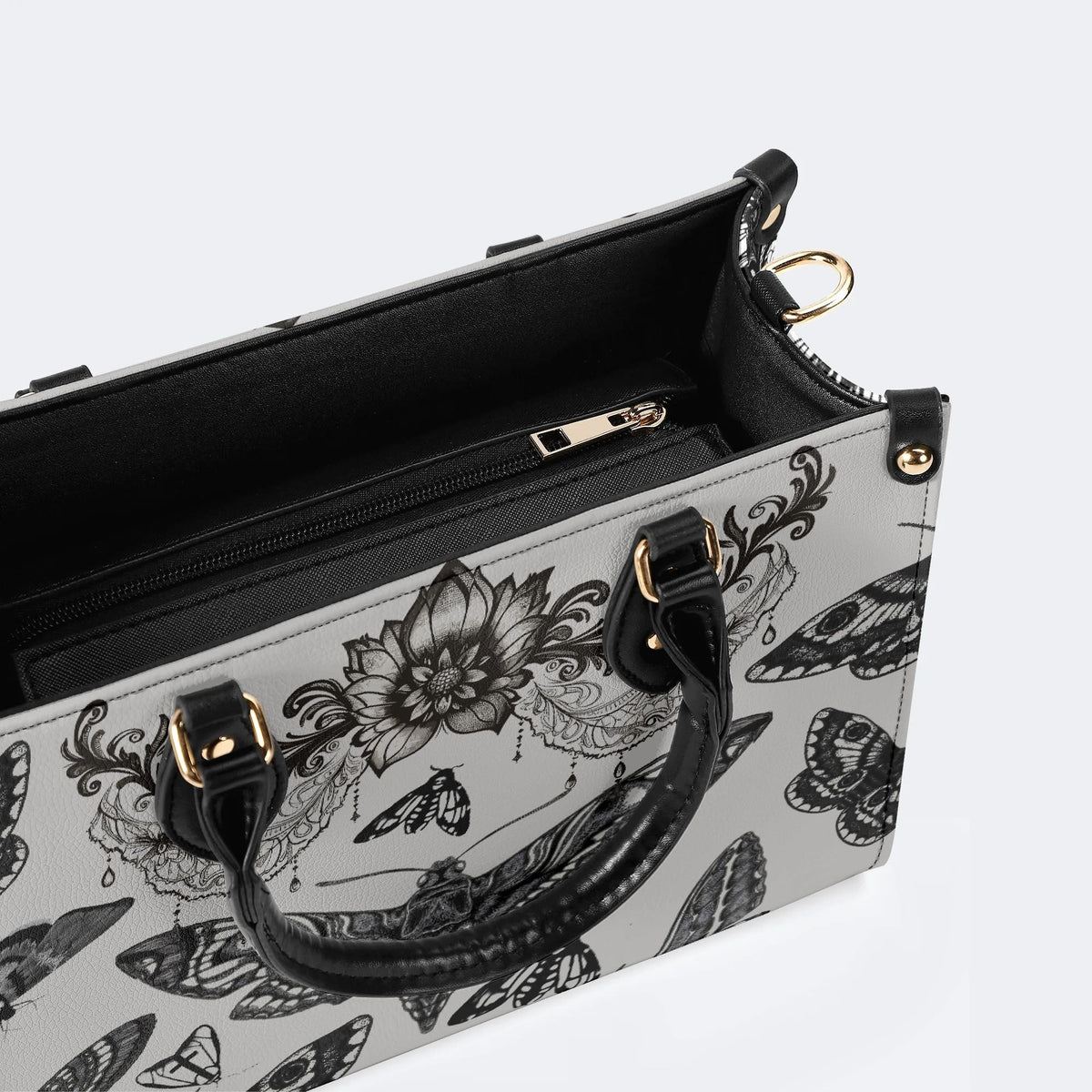 Vintage Moth And Black Lace Print - Leather Handbag