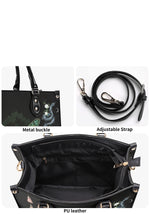 Details of gothic handbag showing metal buckle, detachable strap, and spacious PU leather interior