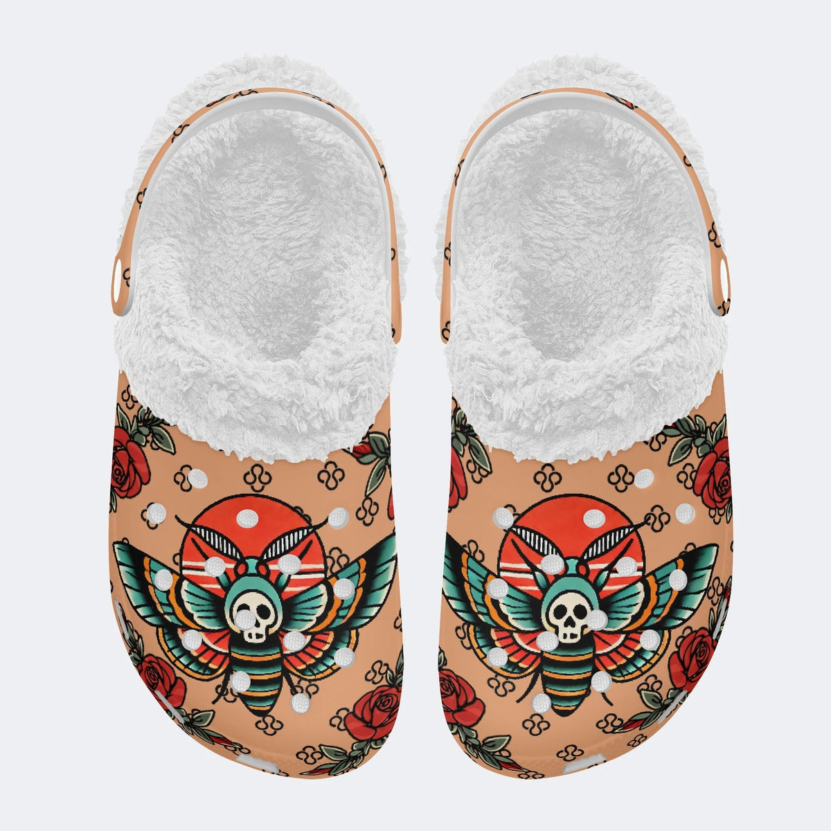 Vintage Rose Death Moth - Fur Lined Slippers/Sandals