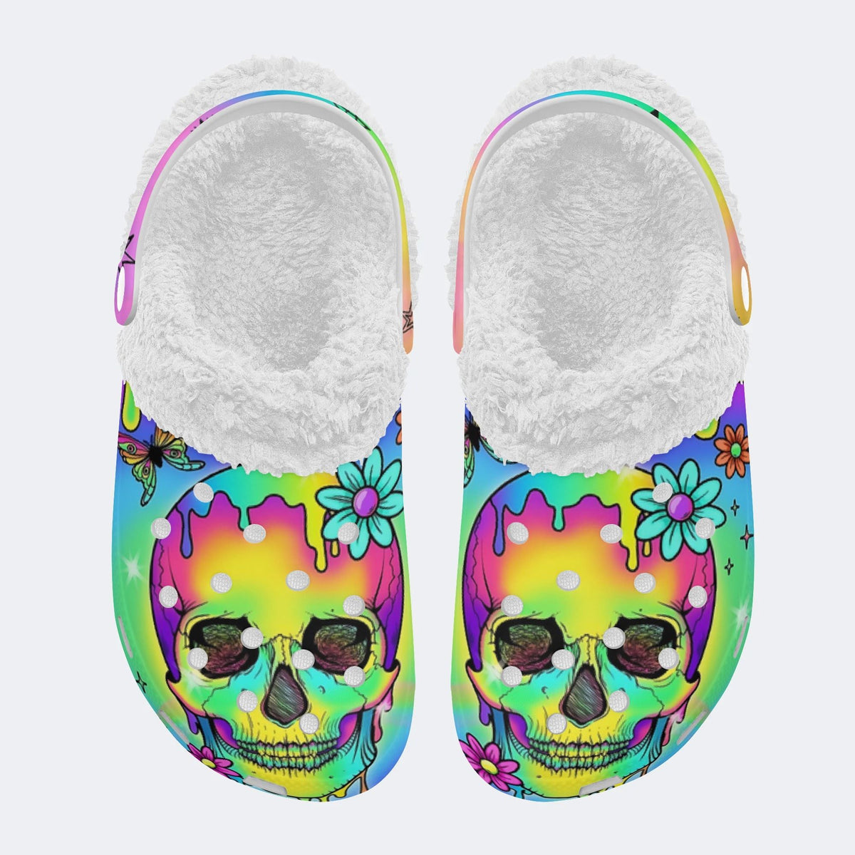 Colorful Skull Print - Fur Lined Slippers/Sandals