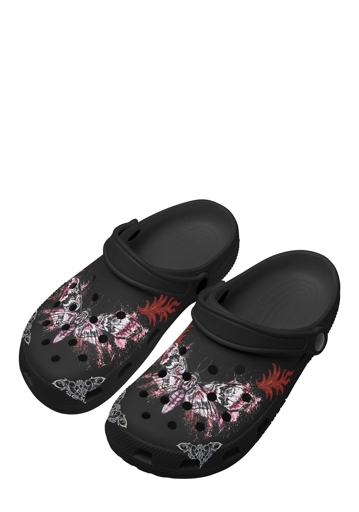 Angled front view of black tattoo slippers showing symmetrical moth art and front holes