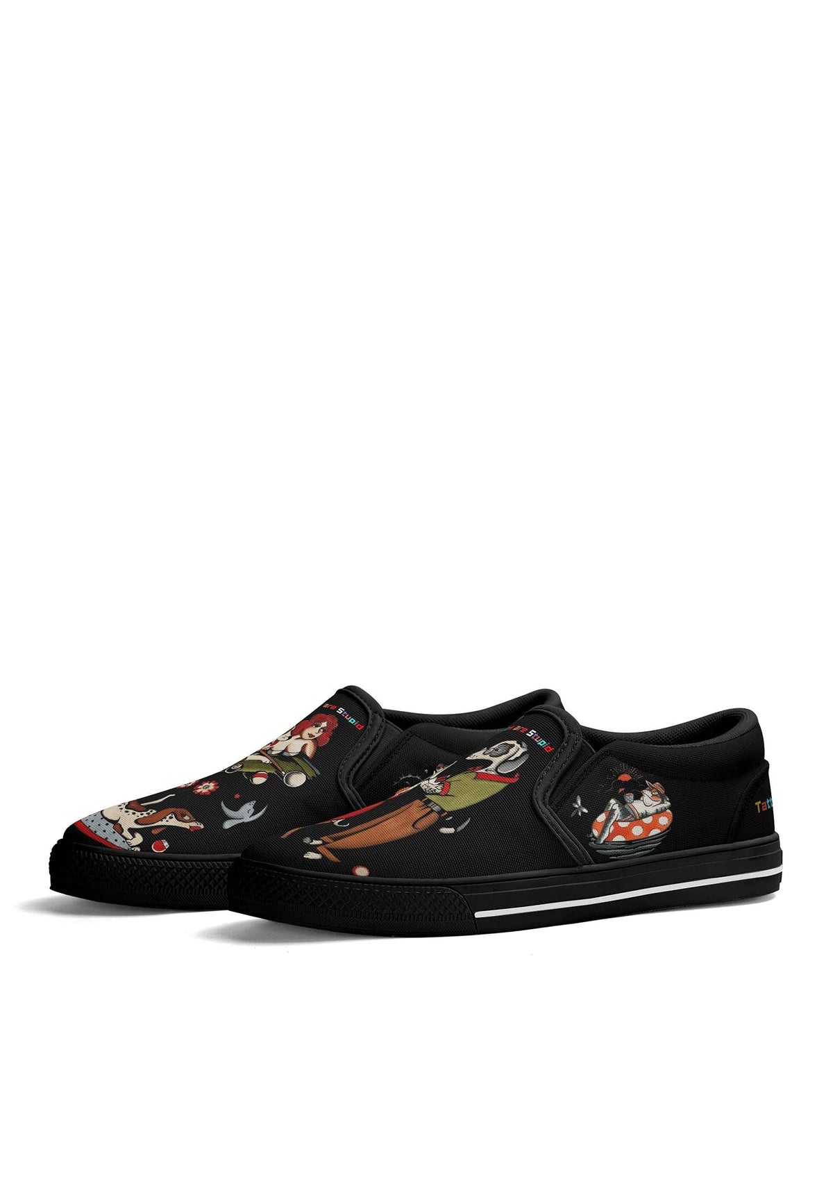 Side view of black slip-ons featuring dancing dalmatians and biker girl tattoo design