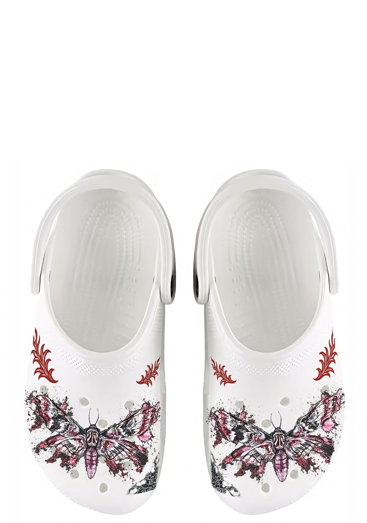 Top view of white gothic clogs featuring mirrored moth tattoos and red flame motifs on the upper toe area