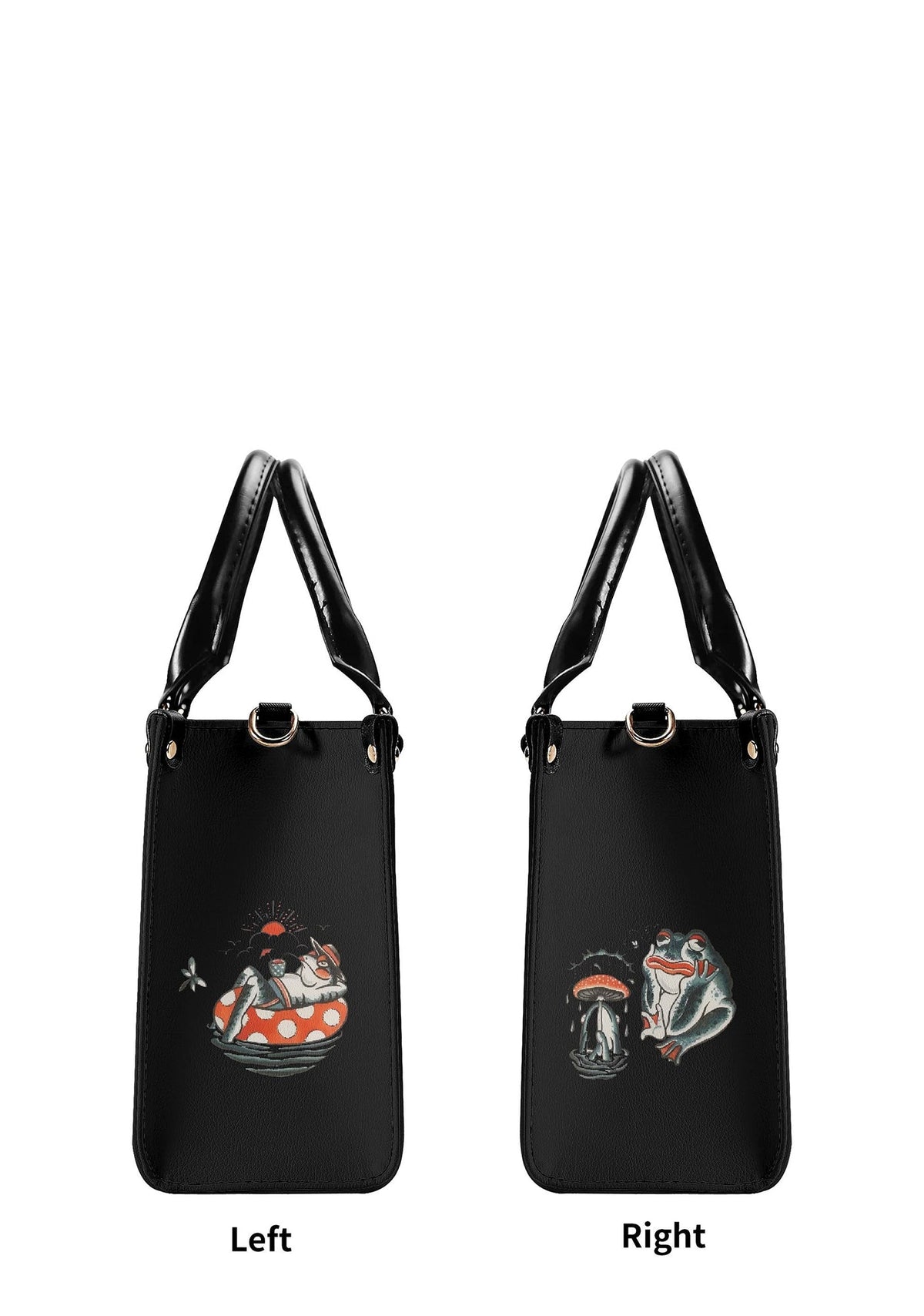 Left and right side panels of frog handbag showing mushroom and pond illustrations