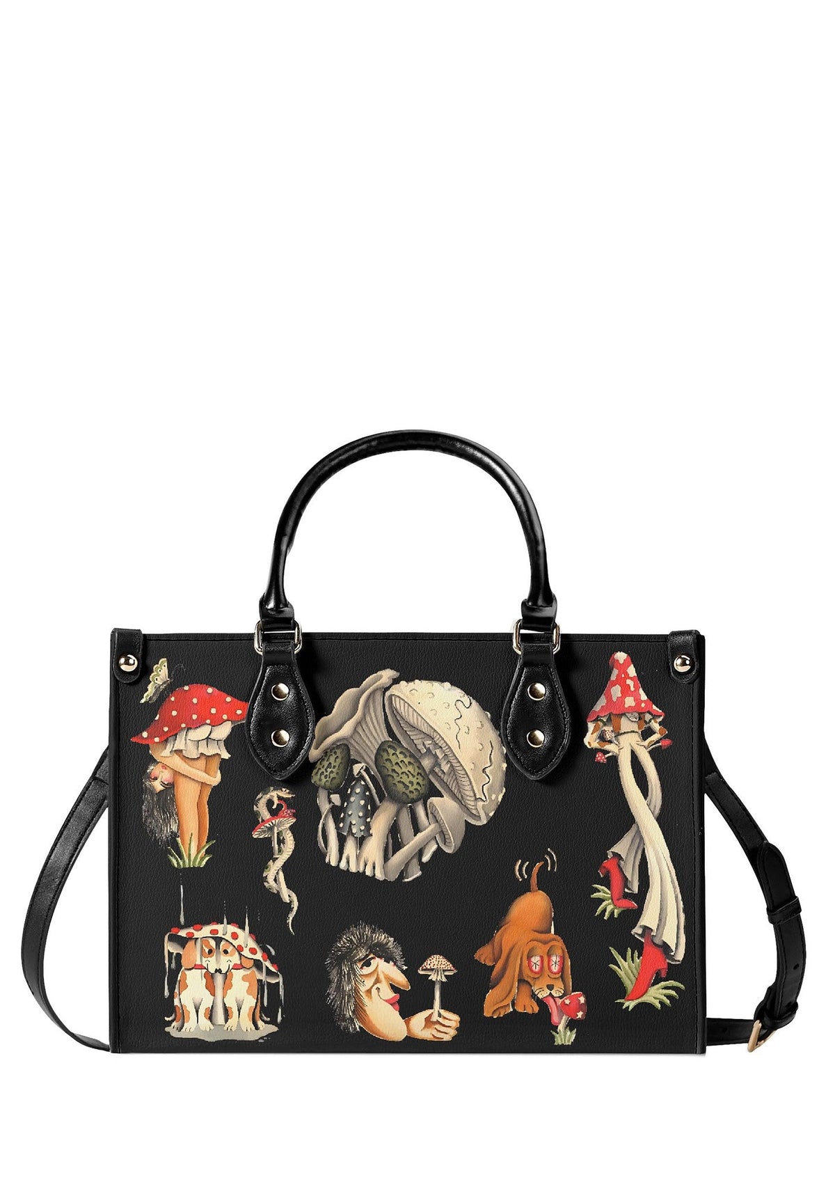 Black handbag with surreal mushroom and fantasy tattoo art