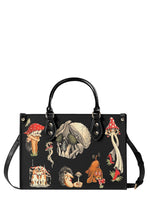 Black handbag with surreal mushroom and fantasy tattoo art