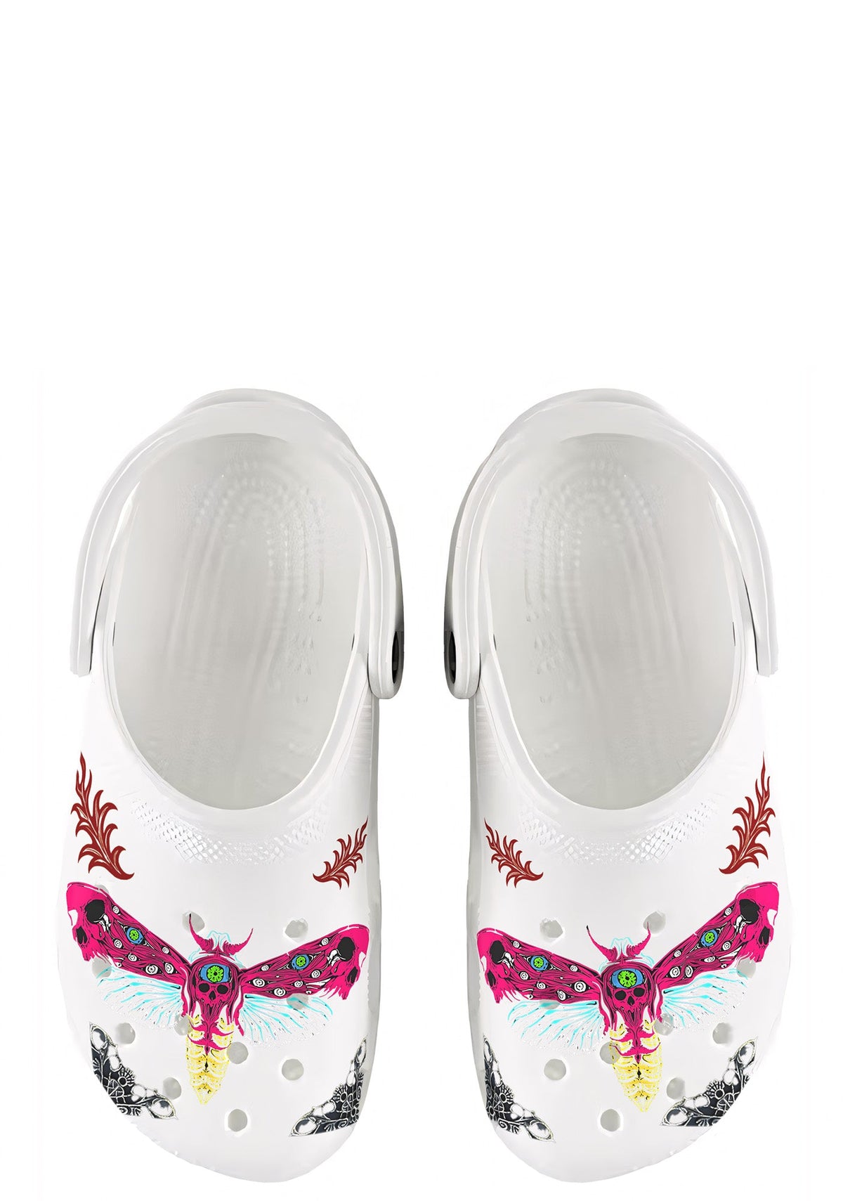 Top view of white clogs with neon moth and skull wing artwork