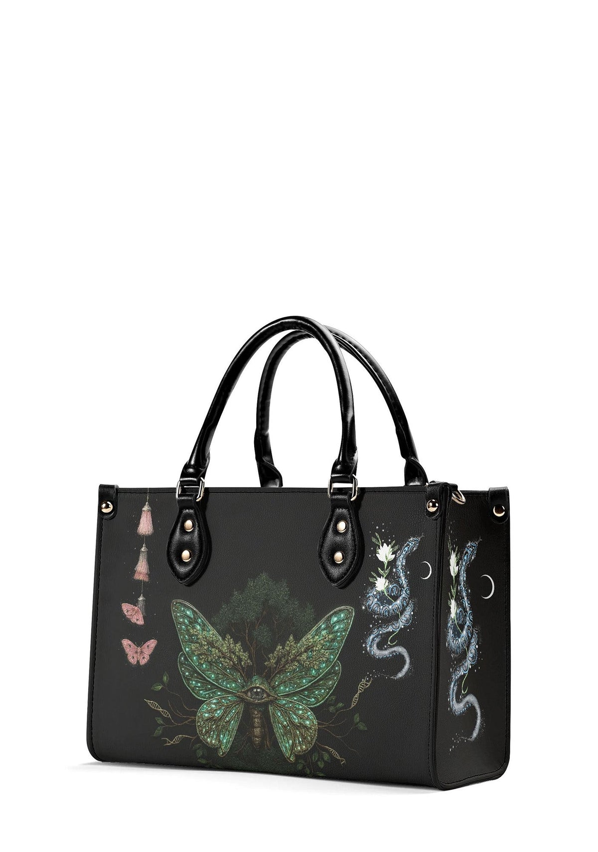 Tattoo print black handbag with forest moth and celestial snake design viewed from angled fron