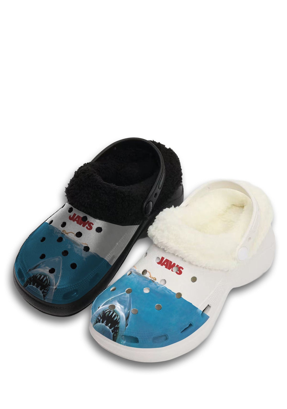 Black and white JAWS slippers with mismatched color and shark print