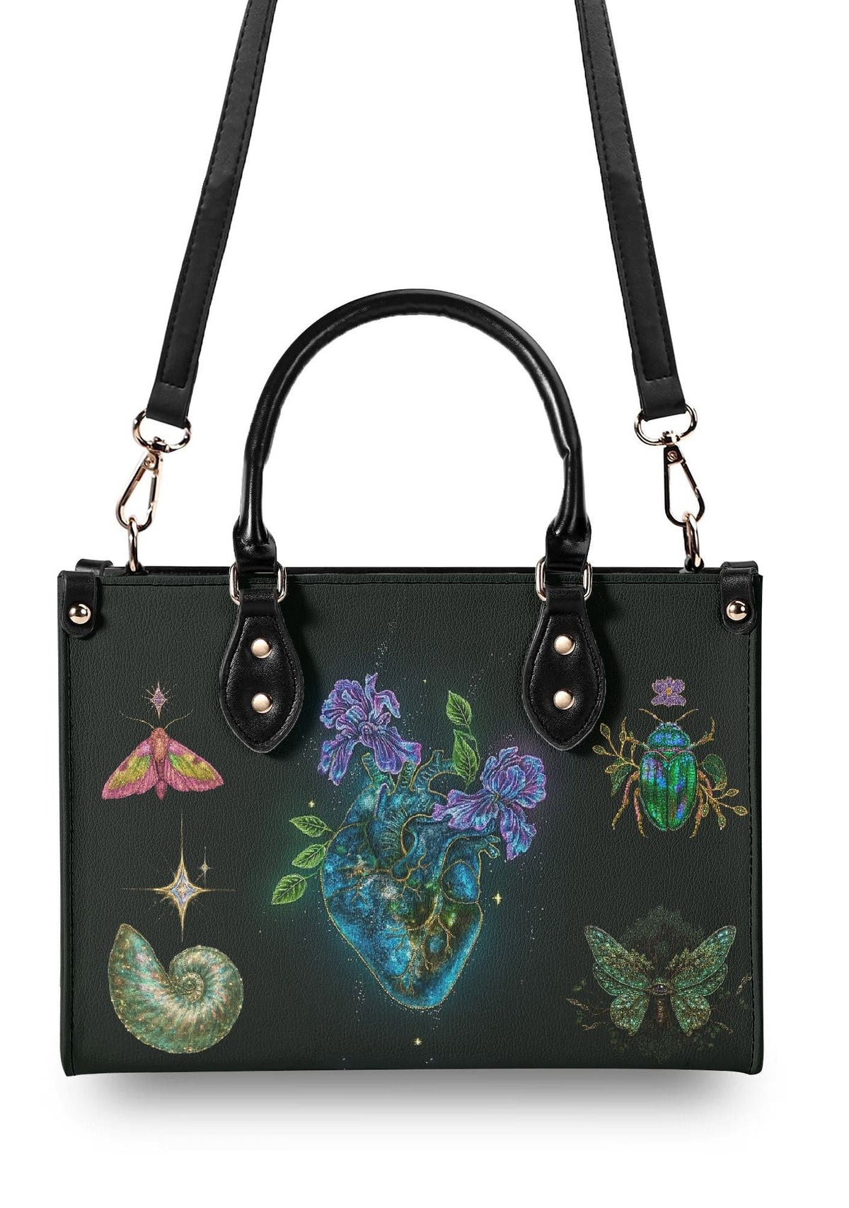 Black gothic handbag with detachable shoulder strap and mystical heart and beetle prints