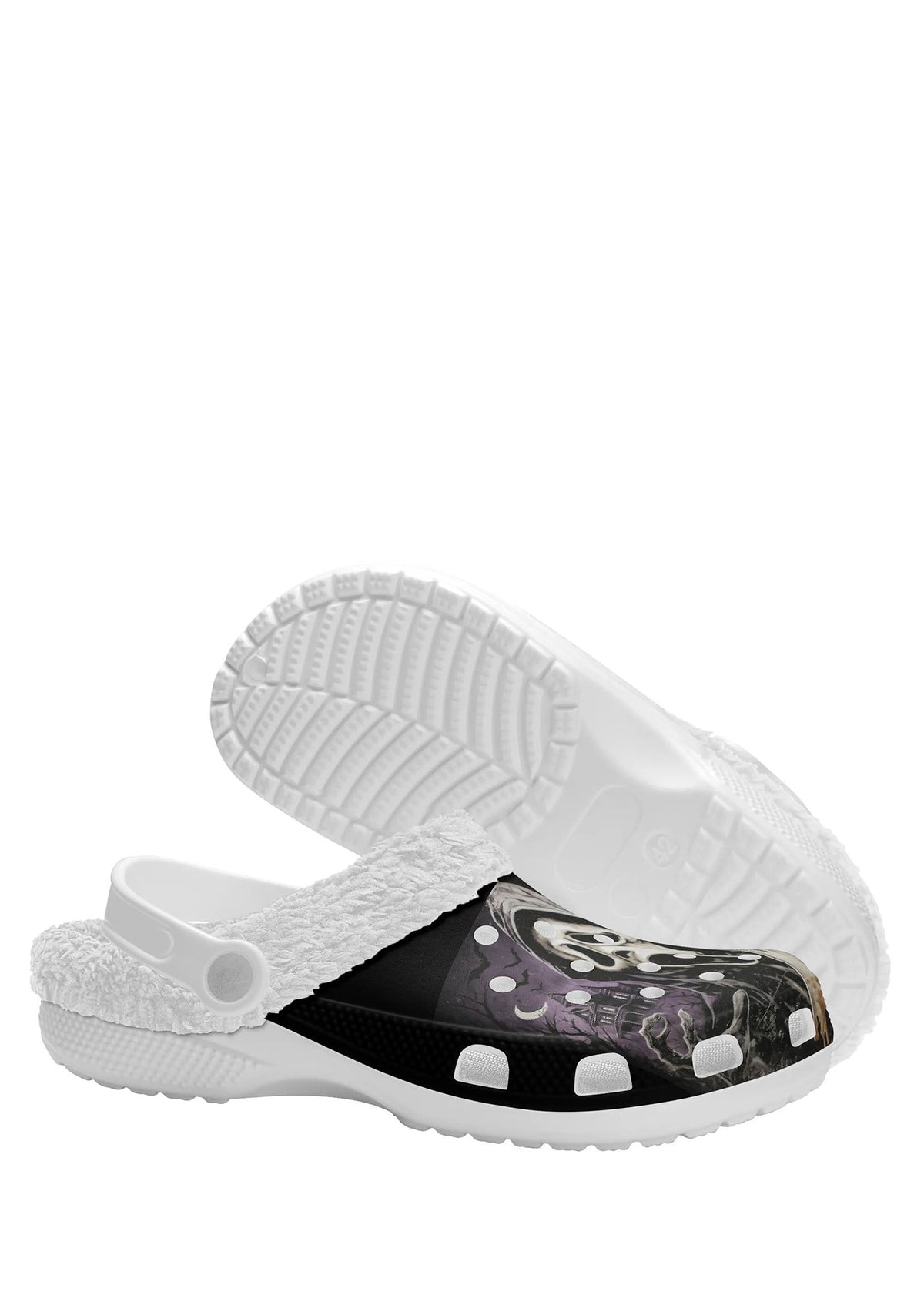 Sole and outer edge of white slippers with gothic knife print
