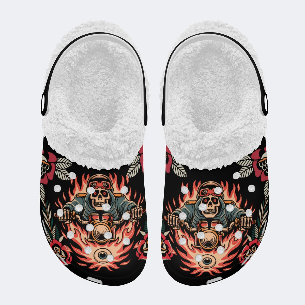 Skull Biker Print - Fur Lined Slippers/Sandals