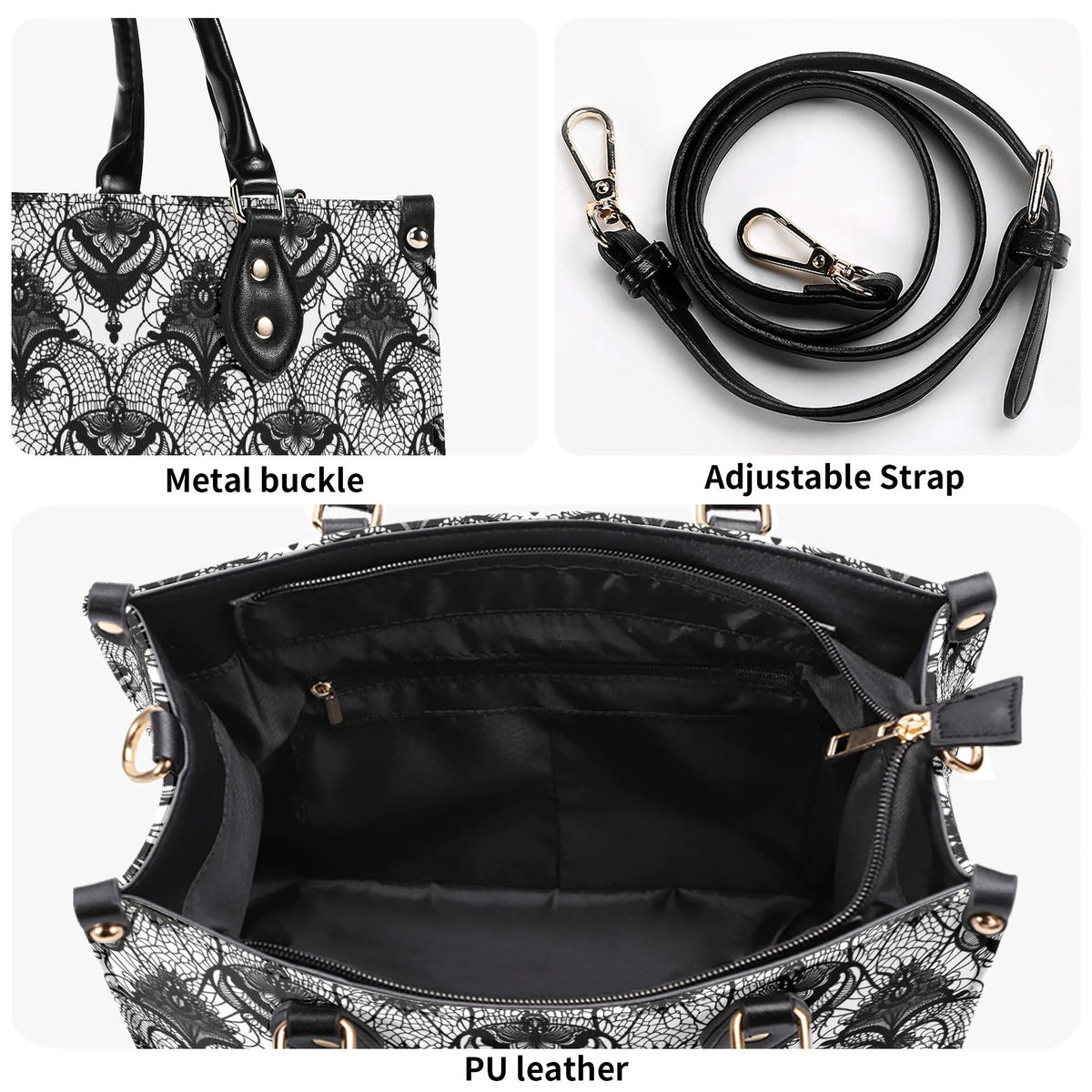 Retro Gothic Black Stripe Lace - Leather Handbag