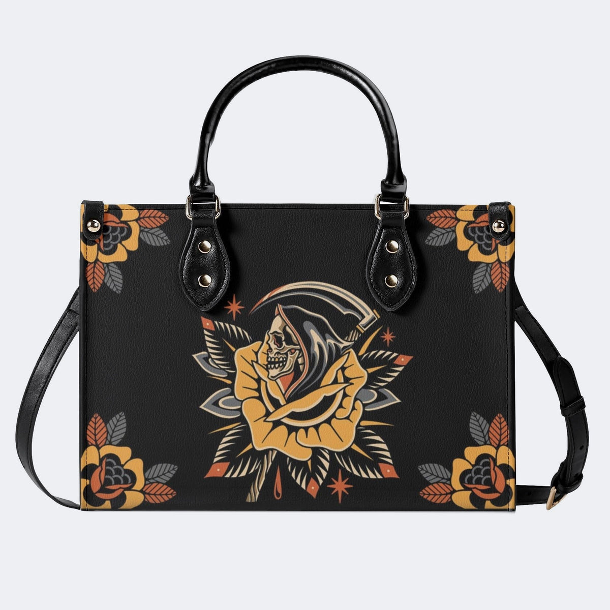 Grim Reaper Flowers Print - Leather Handbag