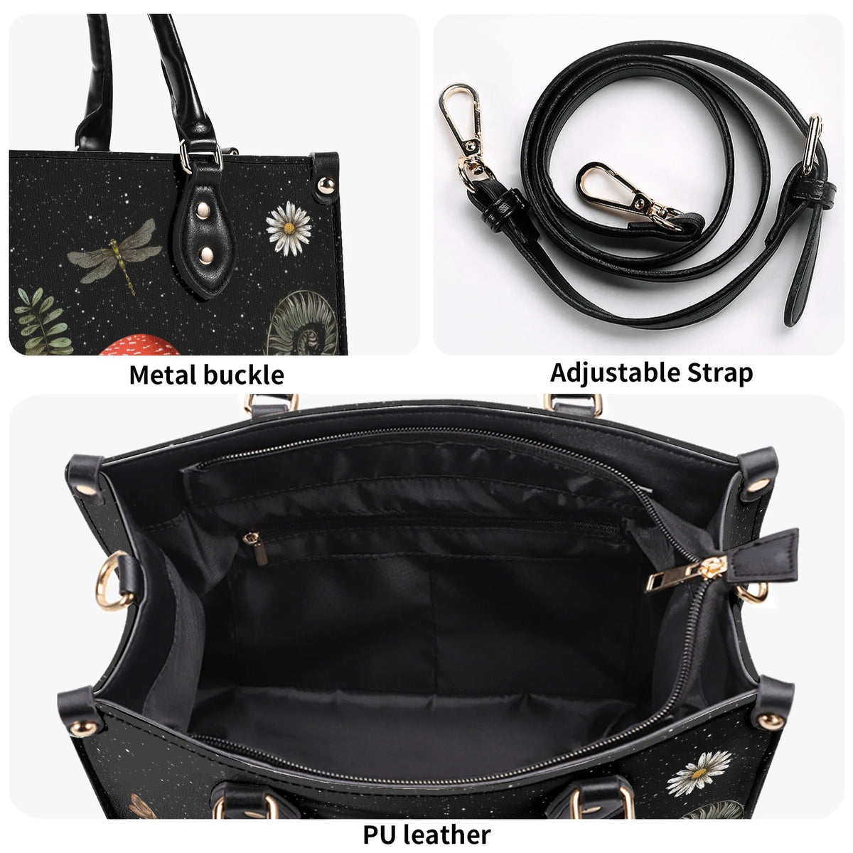 Starry Night Mushroom Moth Print - Leather Handbag