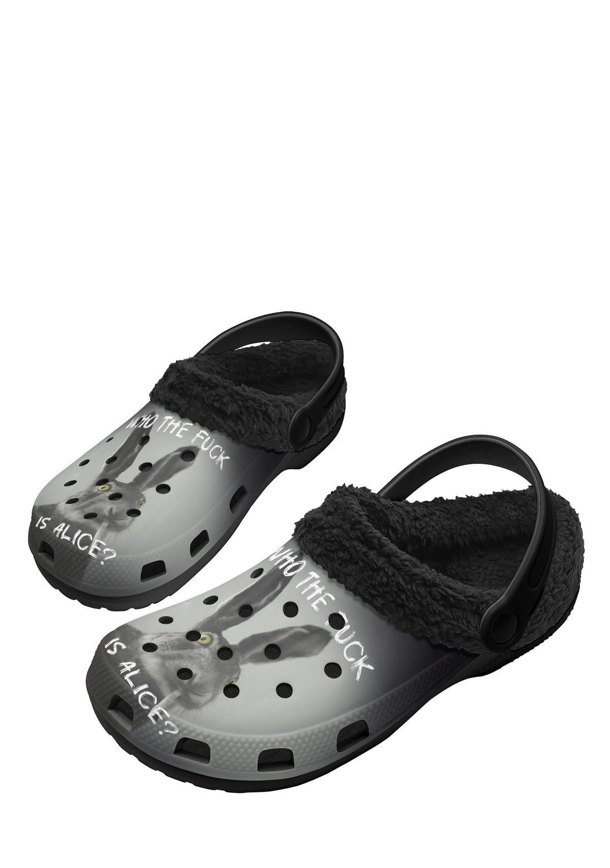 Angled view of surreal bunny print fuzzy slippers with dark fleece lining