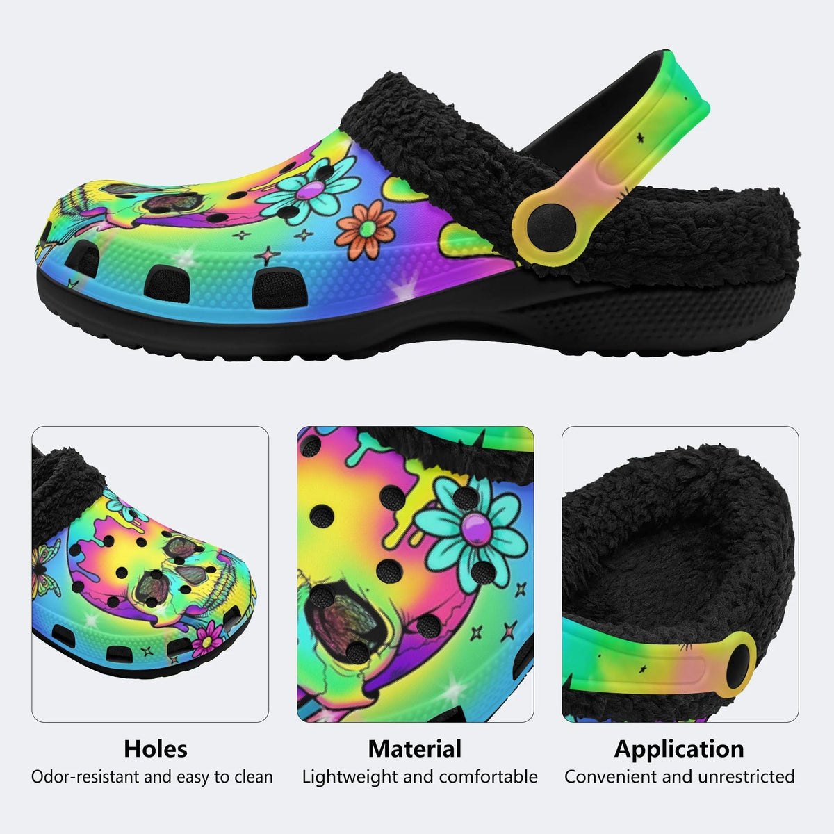 Colorful Skull Print - Fur Lined Slippers/Sandals